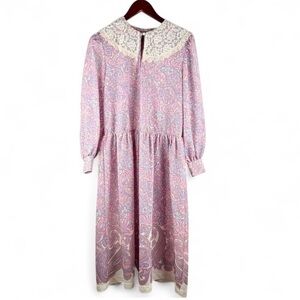 Vintage 70s Country Primitive Womens SZ 6 Lace Collar Knit Paisley Dress Cottage